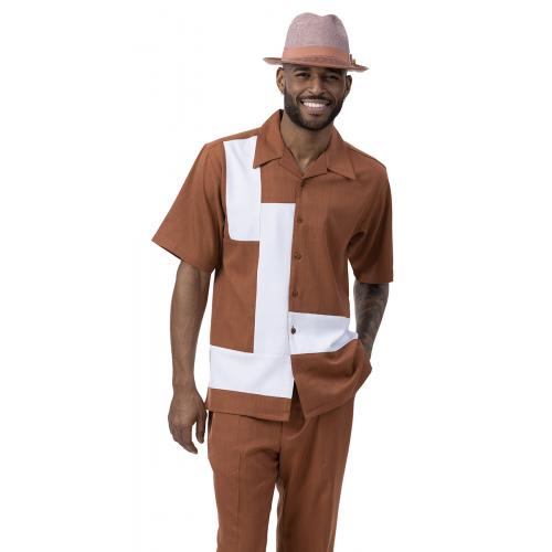 Montique Cognac / White Horizontal Lined Short Sleeve Outfit 2077.
